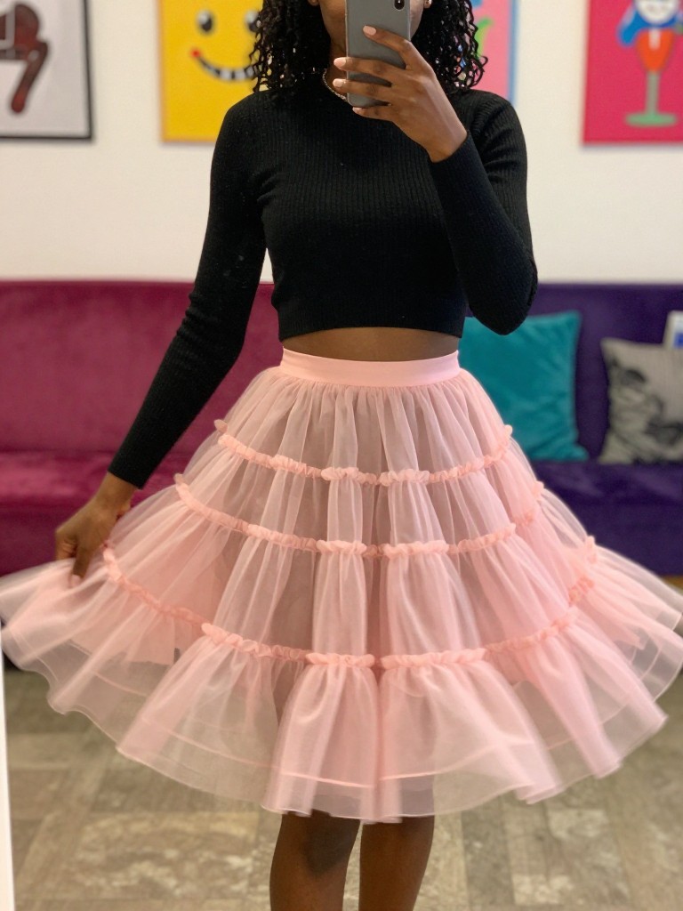 mirror selfie of a black woman in a black cropped sweater and a pink tiered taffeta skirt, spinning slightly so the skirt flares, cropped at waist, in a colorful decorated party room, iPhone photo quality.