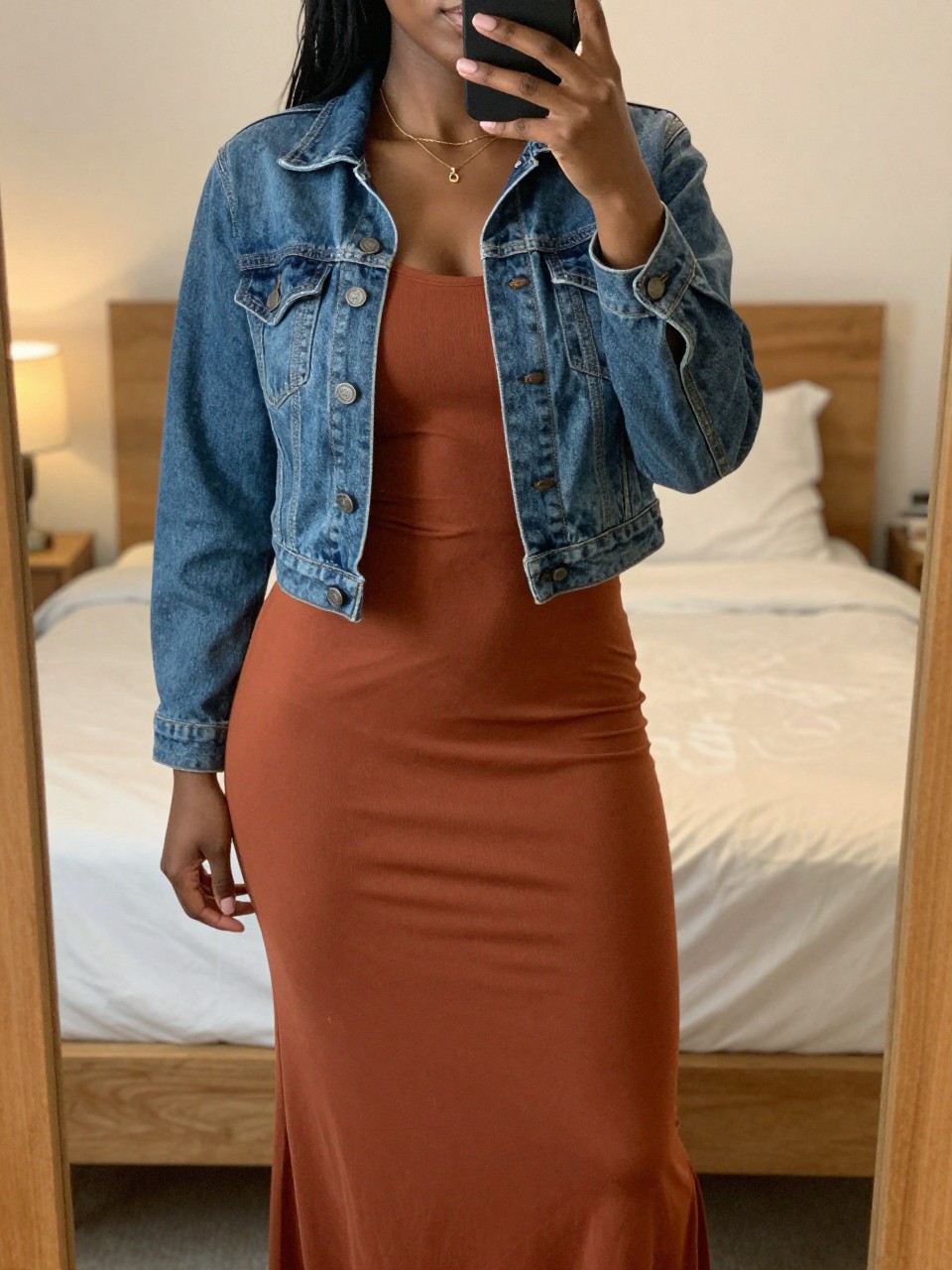 iPhone mirror selfie of a black woman in a terracotta maxi dress and denim jacket, angled slightly, cropped at NECK so face doesn't show, in a feminine-themed bedroom with warm moody lighting, iPhone photo quality.
