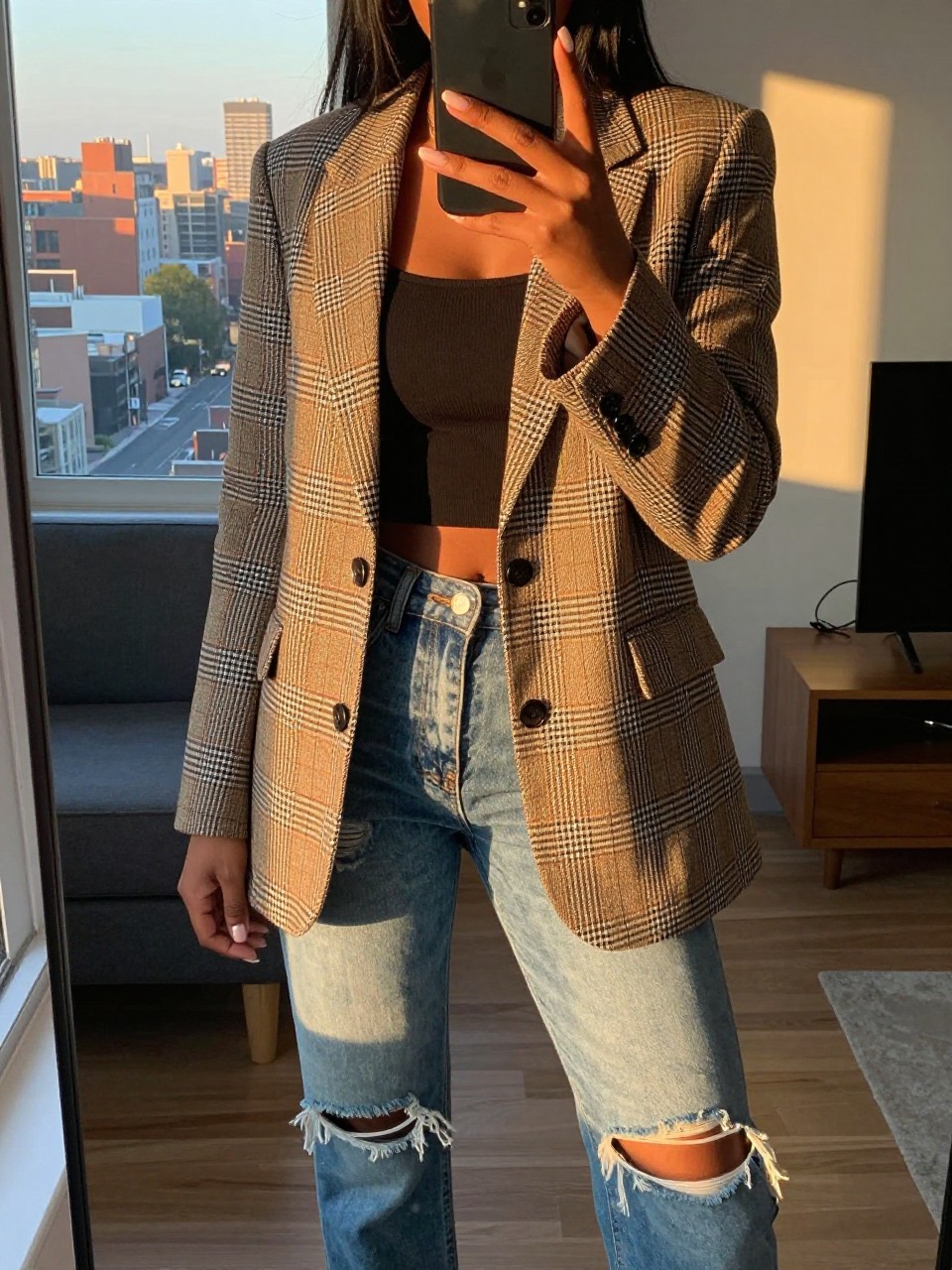 iPhone mirror selfie of a black woman in a plaid blazer and distressed jeans with Timbs, slight turn to show blazer shape, cropped at NECK so face doesn't show, in a city apartment during evening golden hour, iPhone photo quality.