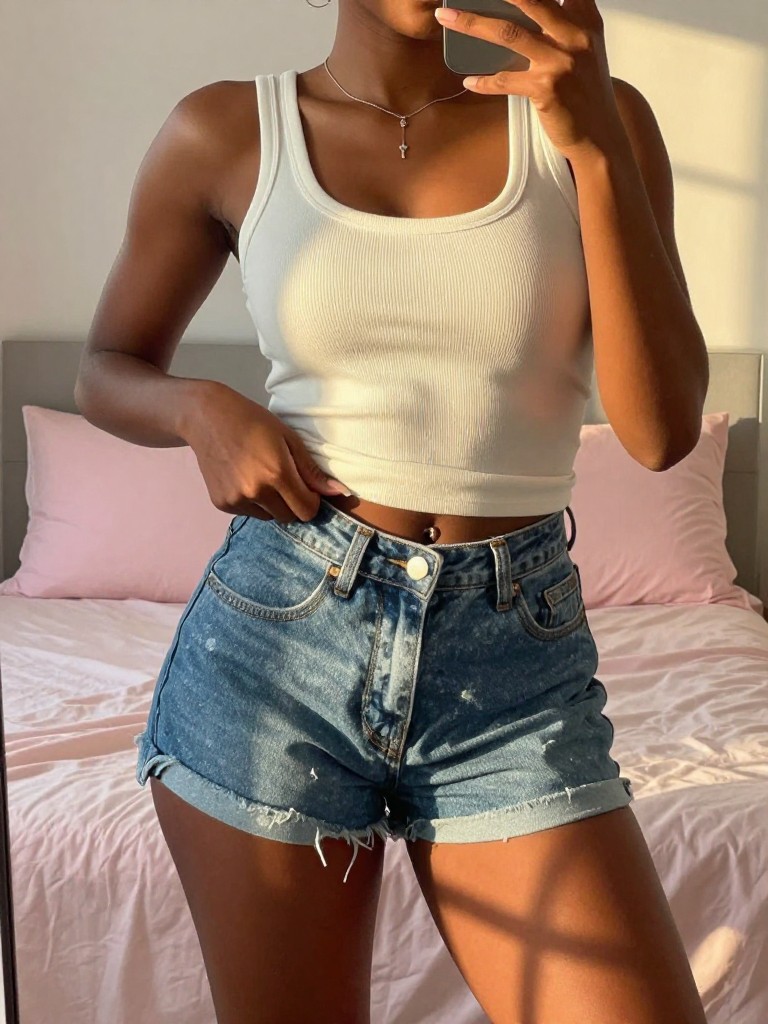 Mirror selfie of a black woman in a tank top and denim shorts, tying a shirt around her waist, cropped at NECK so face doesn't show, in a feminine-themed bedroom, evening golden hour, iPhone photo quality.