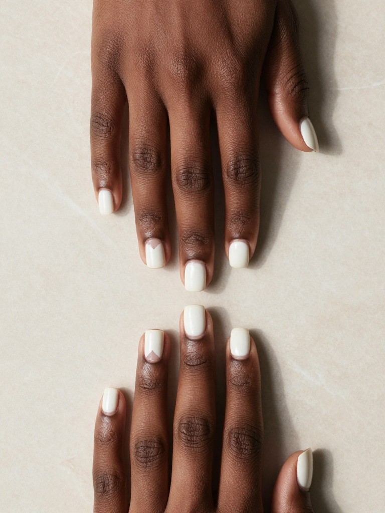 Bird's-eye view of black hands on a minimalist, beige marble surface. The short, square nails are painted a soft, creamy white. On each nail, a small, precise triangular section is left bare at the base near the cuticle, showing the natural nail underneath. The lighting is sharp and architectural.