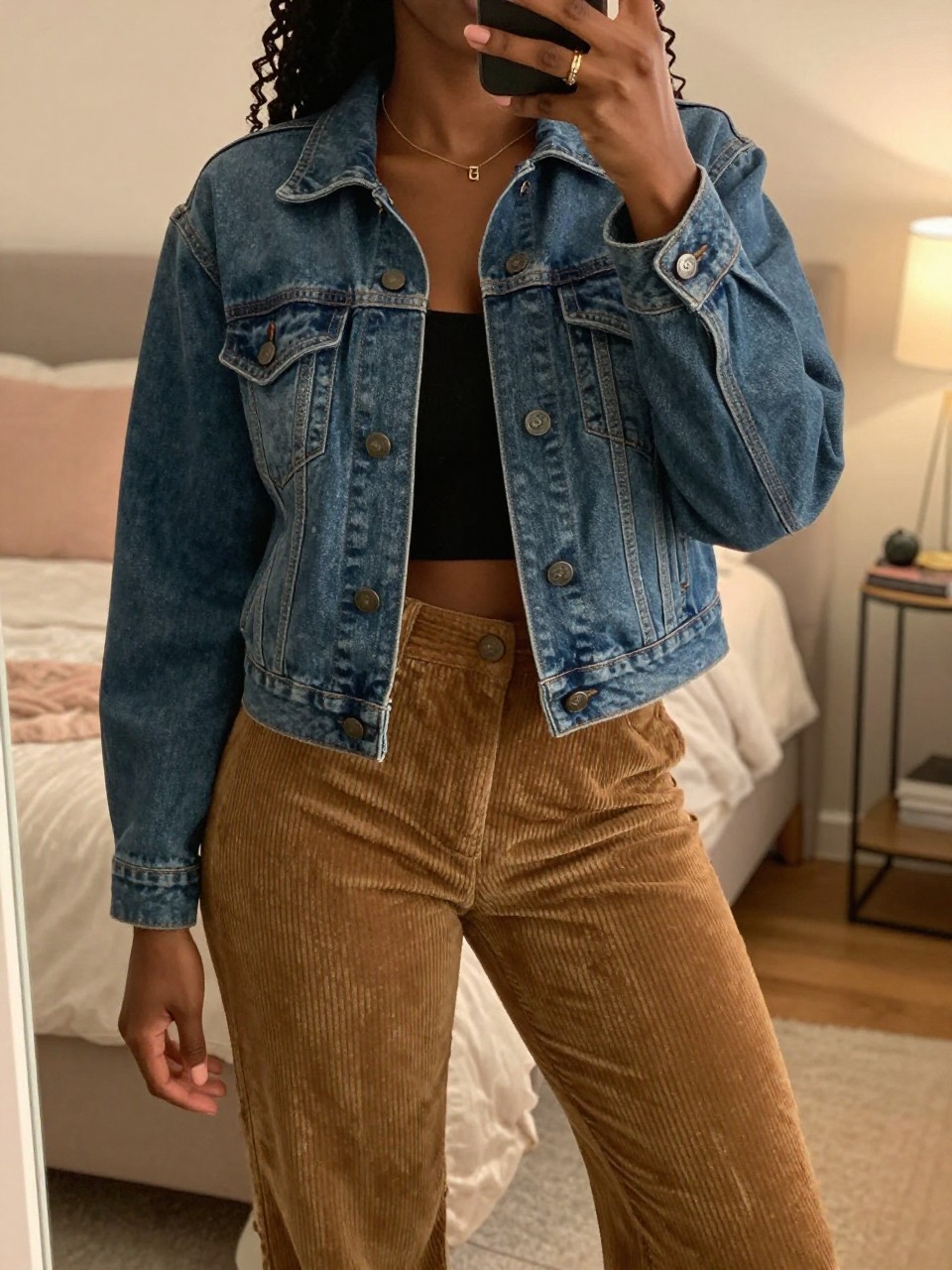 mirror selfie of a black woman in a jean jacket and corduroy pants, relaxed pose, cropped at NECK so face doesn't show, in a feminine-themed bedroom with warm moody lighting, iPhone photo quality.