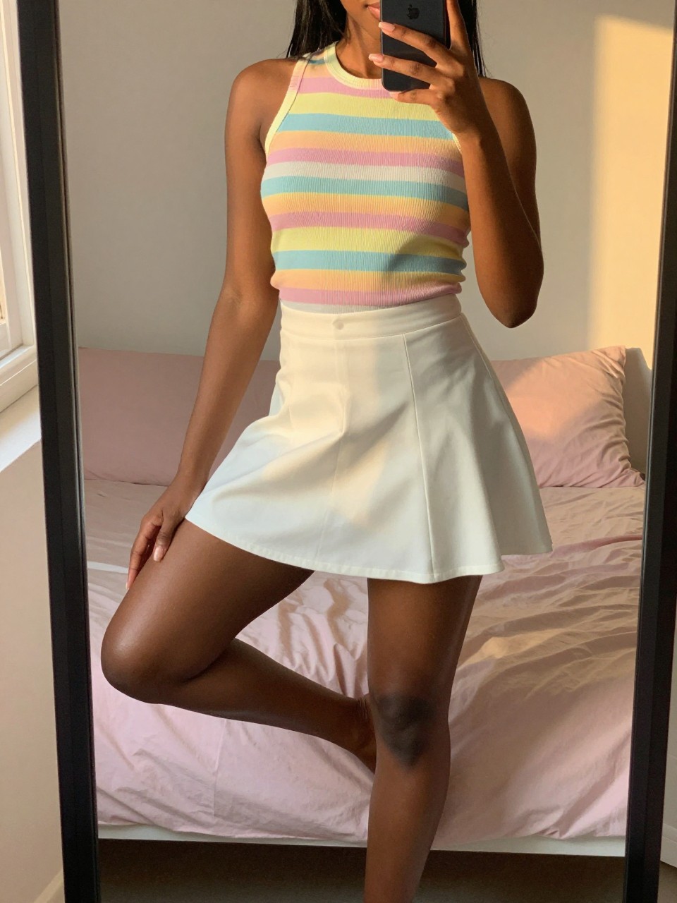 iPhone mirror selfie of a Black woman wearing a pastel striped top with a white skirt, standing with her weight on one leg and phone at her side, cropped at NECK so face doesn't show, in a feminine-themed bedroom, evening golden hour light, iPhone photo quality.