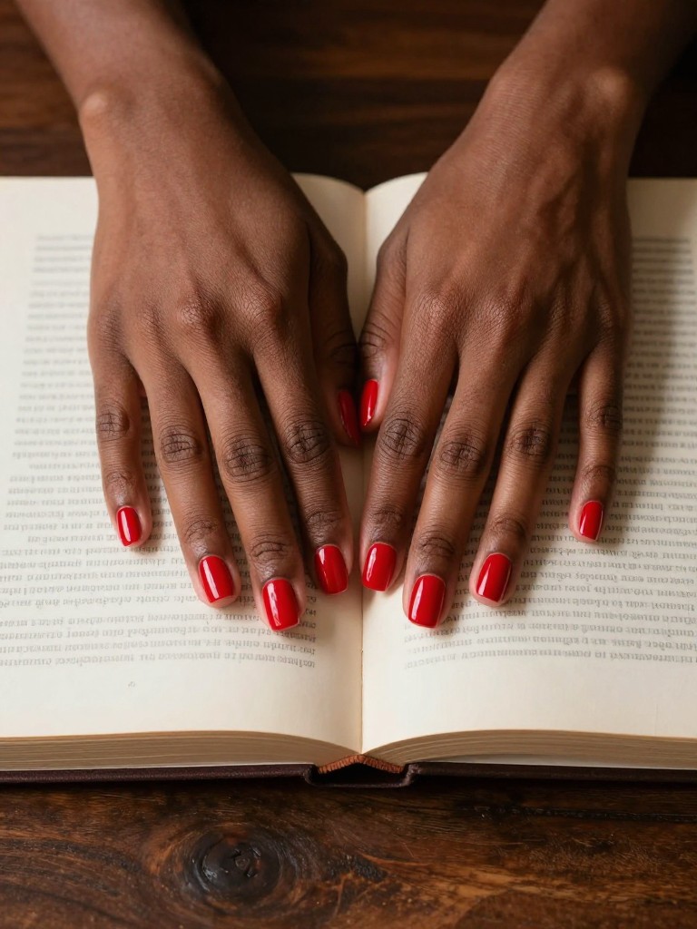 Top-down view of black hands with immaculate, short square nails resting on the pages of a classic book. The nails are coated in a rich, high-gloss true red lacquer. The background is a dark wood table, and the lighting is warm and focused, making the red intensely vibrant.