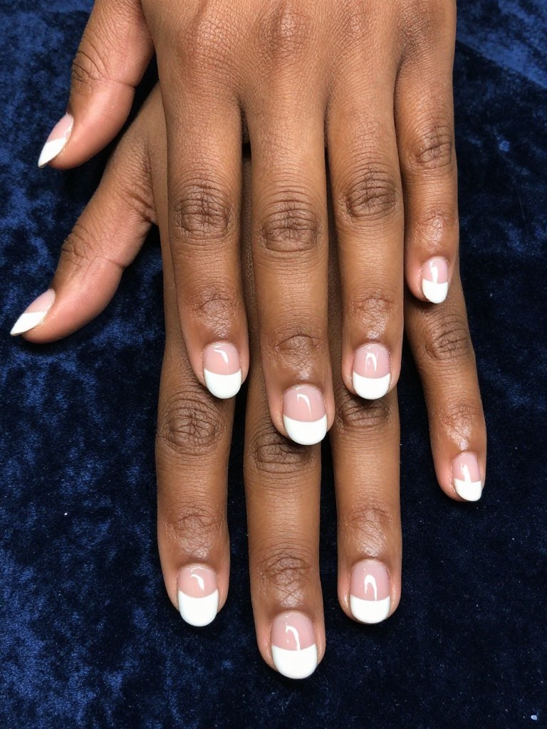 Bird's-eye view of black hands with very short, rounded nails resting on a dark, navy blue velvet cloth. The natural nails are glossy and clear. The half-moon area at the base of each nail is filled with crisp, opaque white polish in a perfect crescent shape. Contrasting lighting makes the design pop.