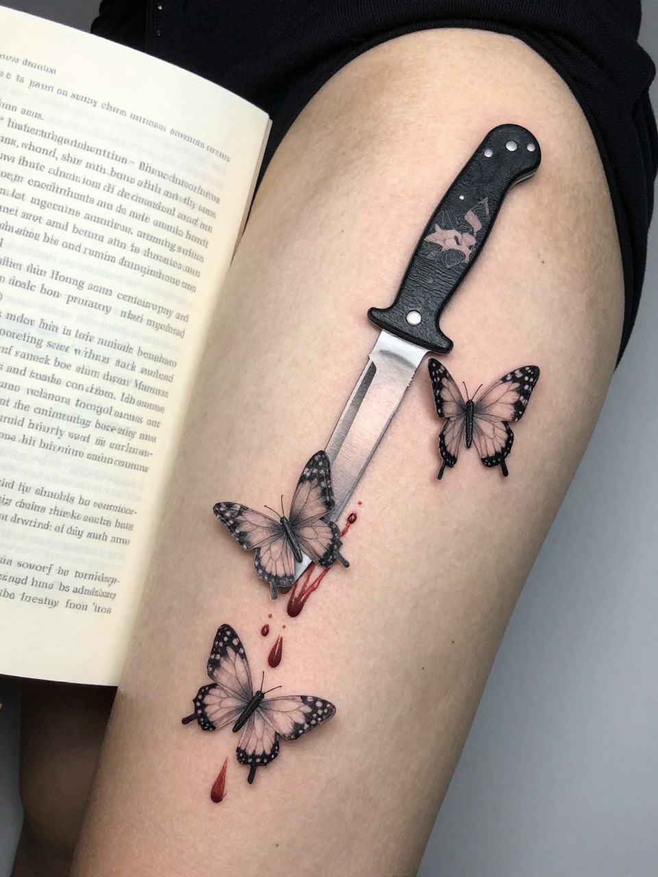 Thigh tattoo scene: an open journal, a butterfly knife resting on it. A precise cut in the paper bleeds into origami butterflies. Conceptual and literary."