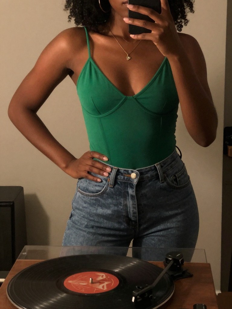 iPhone mirror selfie of a black woman in a green bustier and jeans, posing with hands on hips, cropped at neck so face doesn't show, in a room with a vintage record player, warm moody lighting, iPhone photo quality.