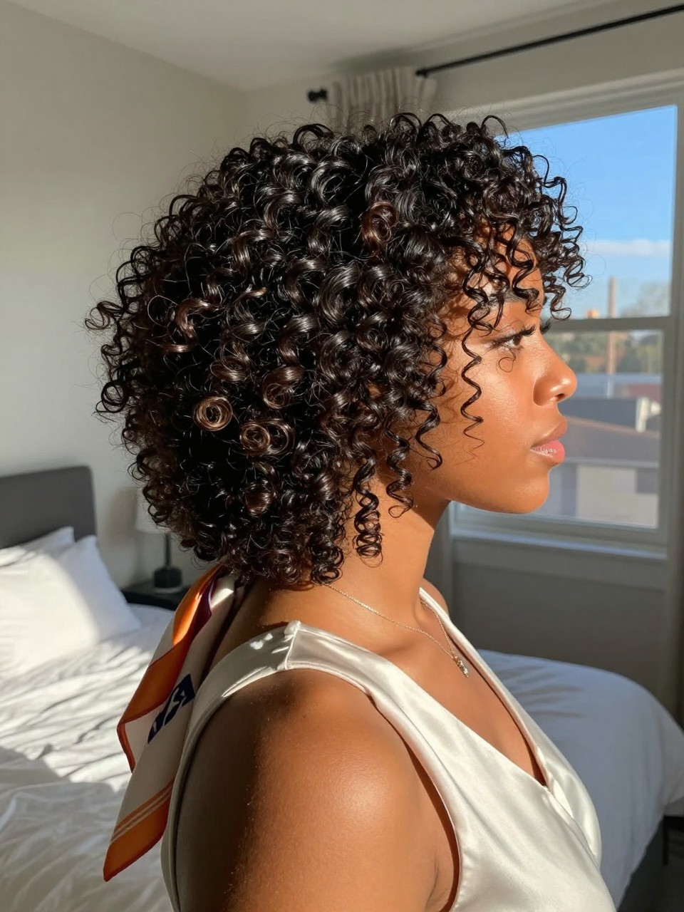 Photo of a black woman wearing a TWA with defined curls, side profile view showing the curl pattern, setting is a sun-drenched bedroom with natural window light, containing a satin scarf draped over her shoulder, iPhone photo quality.
