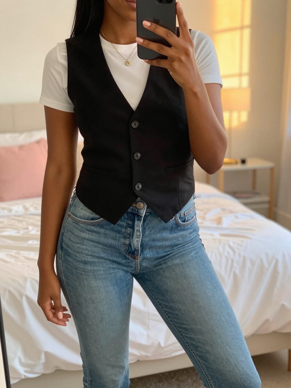iPhone mirror selfie of a black woman wearing a black vest over a white tee with jeans, posed casually with one hand holding her phone, cropped at NECK so face doesn't show, in a bright feminine-themed bedroom, evening golden hour light, iPhone photo quality.