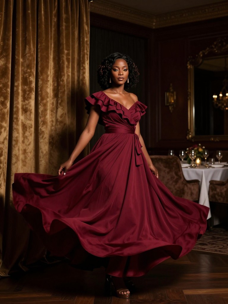 A black woman stands in an elegant, dimly-lit dining room next to a grand curtain, the dramatic ruffle of her wine red gown flowing beautifully. A single spotlight effect highlights the gown's movement and color.