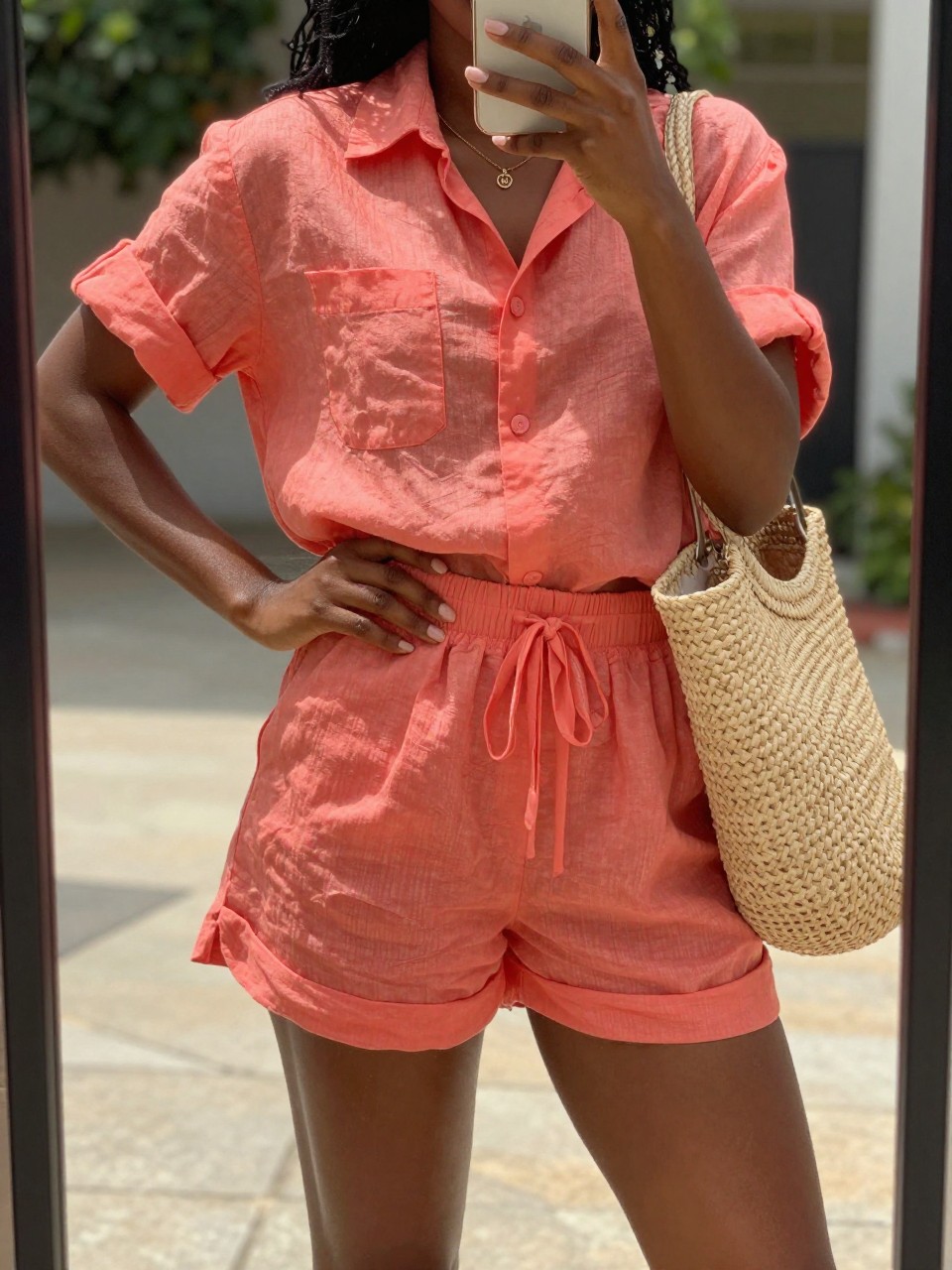 iPhone mirror selfie of a black woman in a coral linen matching set and straw bag, one hand on hip, cropped at NECK so face doesn't show, in a sunny outdoor setting with bright natural lighting, iPhone photo quality.