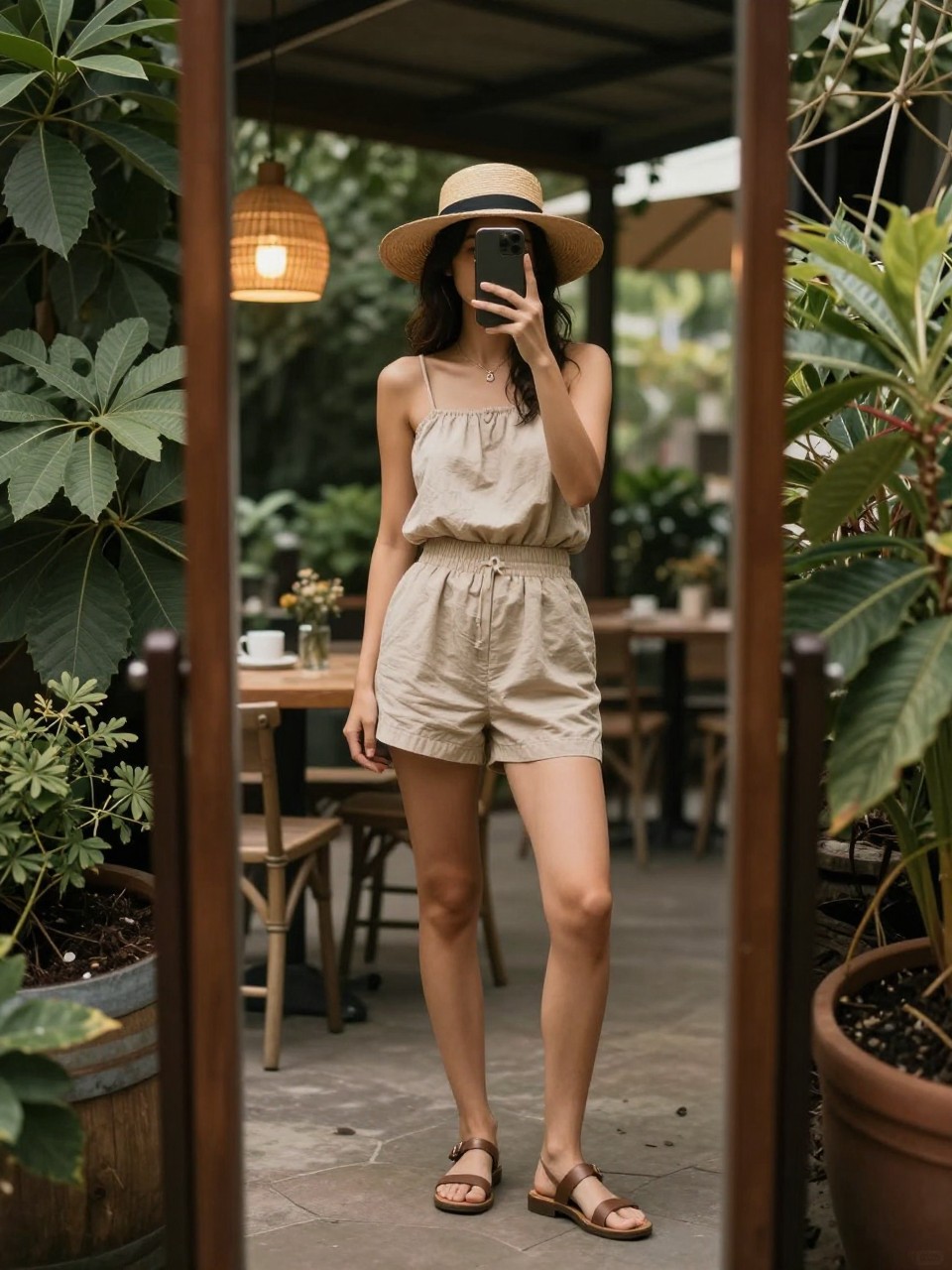 mirror of a woman in a matching top and shorts set with a straw hat and sandals, standing in a garden or at an outdoor cafe, cropped at NECK so face doesn't show, at a winery, warm moody lighting, iPhone photo quality.