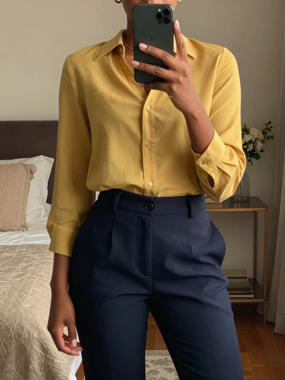 iPhone mirror selfie of a Black woman wearing a butter yellow blouse with navy trousers, standing with her weight shifted and phone in hand, cropped at NECK so face doesn't show, in a feminine-themed bedroom, warm moody lighting, iPhone photo quality.