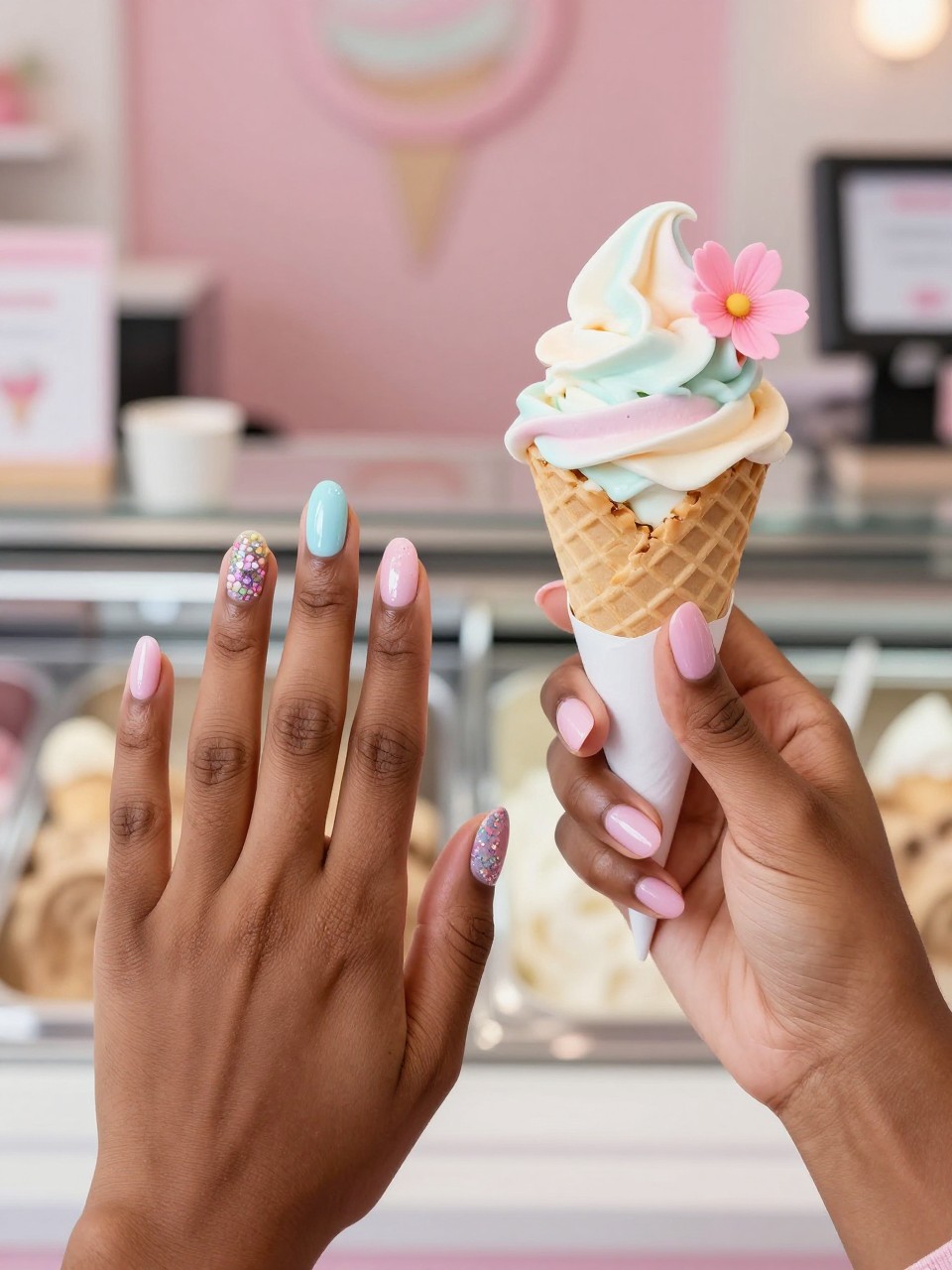 Bird's-eye view of black woman hands with rounded nails next to a pastel-colored ice cream cone. Each nail is a different pastel with glitter "sprinkles." One accent nail is a white ice cream cone with a pink flower on top. The setting is a cheerful ice cream parlor.