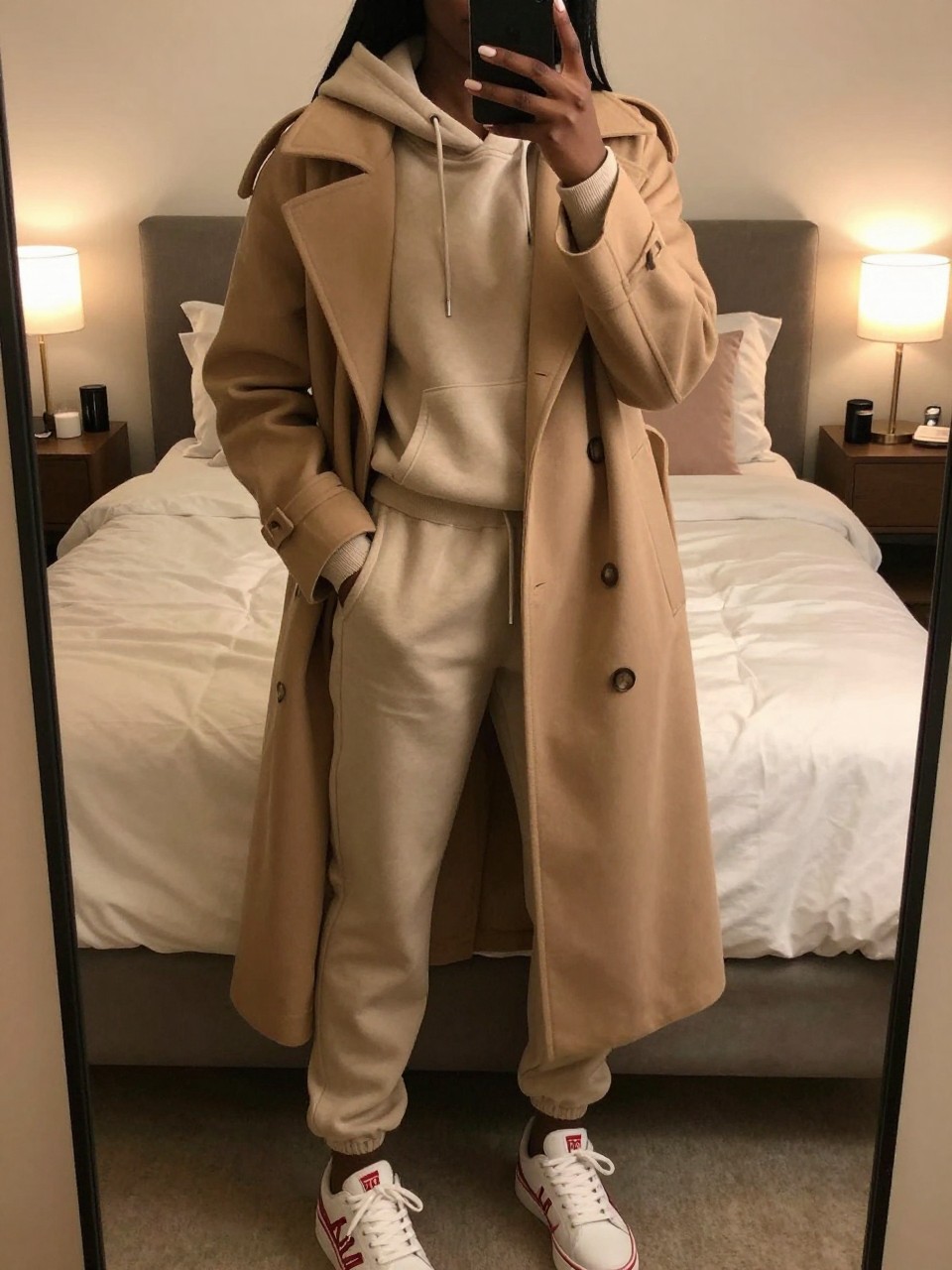 iPhone mirror selfie of a black woman in a sweatsuit and long coat with Timbs, relaxed pose, cropped at NECK so face doesn't show, in a feminine-themed bedroom with warm moody lighting, iPhone photo quality.
