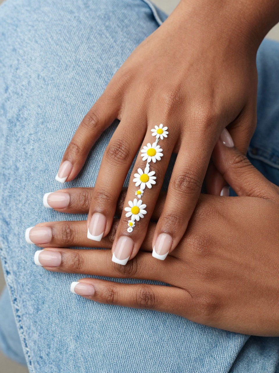 Close-up, overhead view of black woman hands with a classic French manicure. A chain of micro white daisies with yellow centers is painted right along the line of the white tip. The hands rest on a light denim jacket, looking fresh and casual.