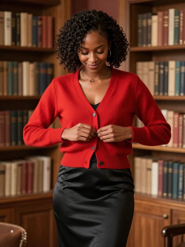 A black woman stands in a cozy, book-lined study, smiling as she buttons her red cardigan. The warm lamplight emphasizes the soft knit texture against the shiny black satin skirt, creating a stylish contrast.
