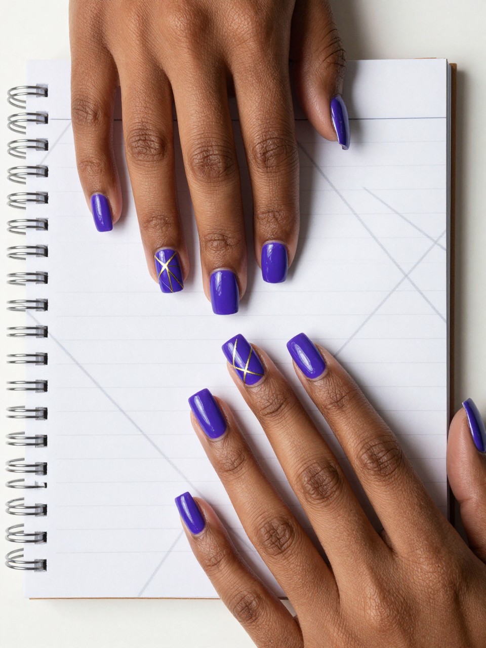 Top-down view of black feminine hands with square nails on a geometric-patterned notebook. The nails are glossy royal purple. Angular gold lines and shapes intersect on each nail to create an abstract floral form. The look is sharp and contemporary.