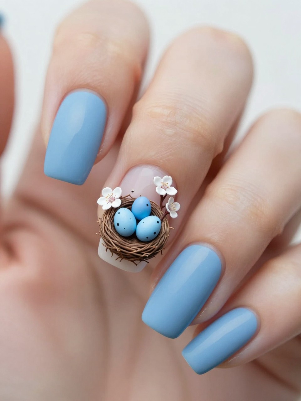 Close-up, top-down view of a single accent nail. The base is matte robin's egg blue. A detailed little brown nest with three tiny blue eggs is painted, with miniature white cherry blossoms next to it. The other nails are plain. The scene is precious.