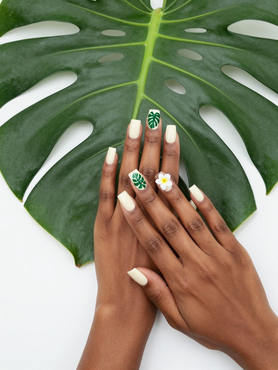 Overhead view of black woman hands with square nails next to a large monstera plant. The nails are a creamy white. One nail has a bold green monstera leaf silhouette, another has a simple white plumeria. The look is clean, modern, and botanical.
