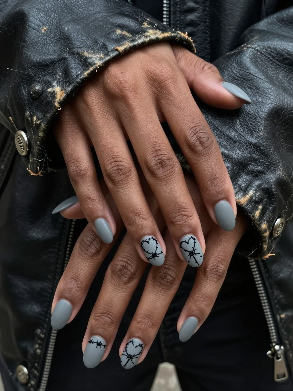 Close-up shot of a black feminine hands with oval nails on a worn leather jacket cuff. The nails are a matte grey. A detailed black barbed wire design forms a heart shape on each nail. The vibe is rugged, defensive, and deeply cool.