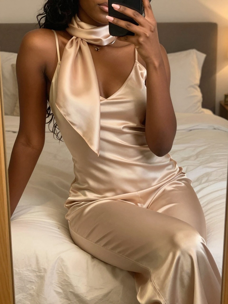 iPhone mirror selfie of a black woman in a champagne satin set with a silk scarf, reclining slightly, cropped at NECK so face doesn't show, in a feminine-themed bedroom with warm moody lighting, iPhone photo quality.