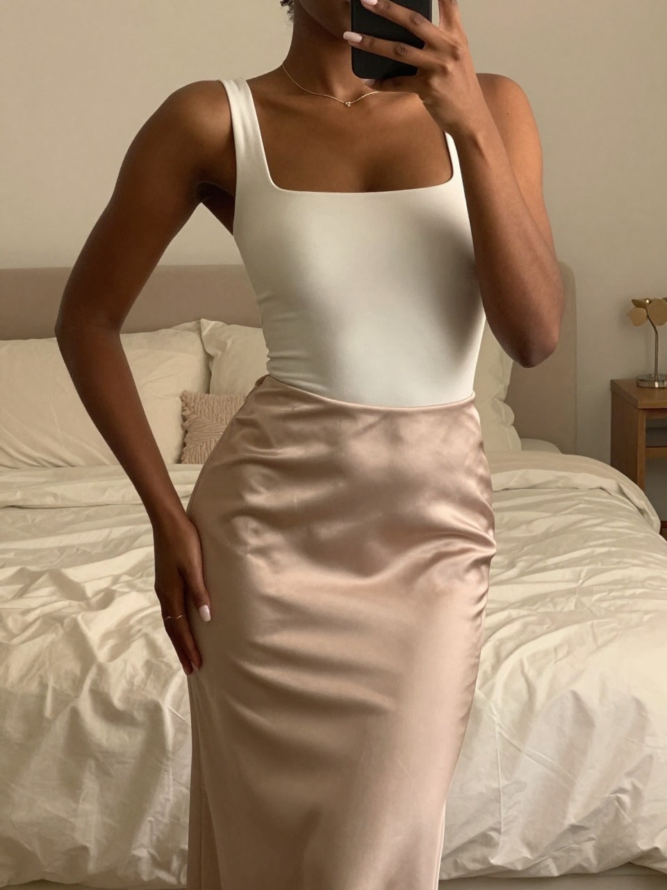 iPhone mirror selfie of a black woman in a square neck bodysuit and satin midi skirt, hand slightly on hip, cropped at NECK so face doesn't show, in a feminine-themed bedroom with warm moody lighting, iPhone photo quality.