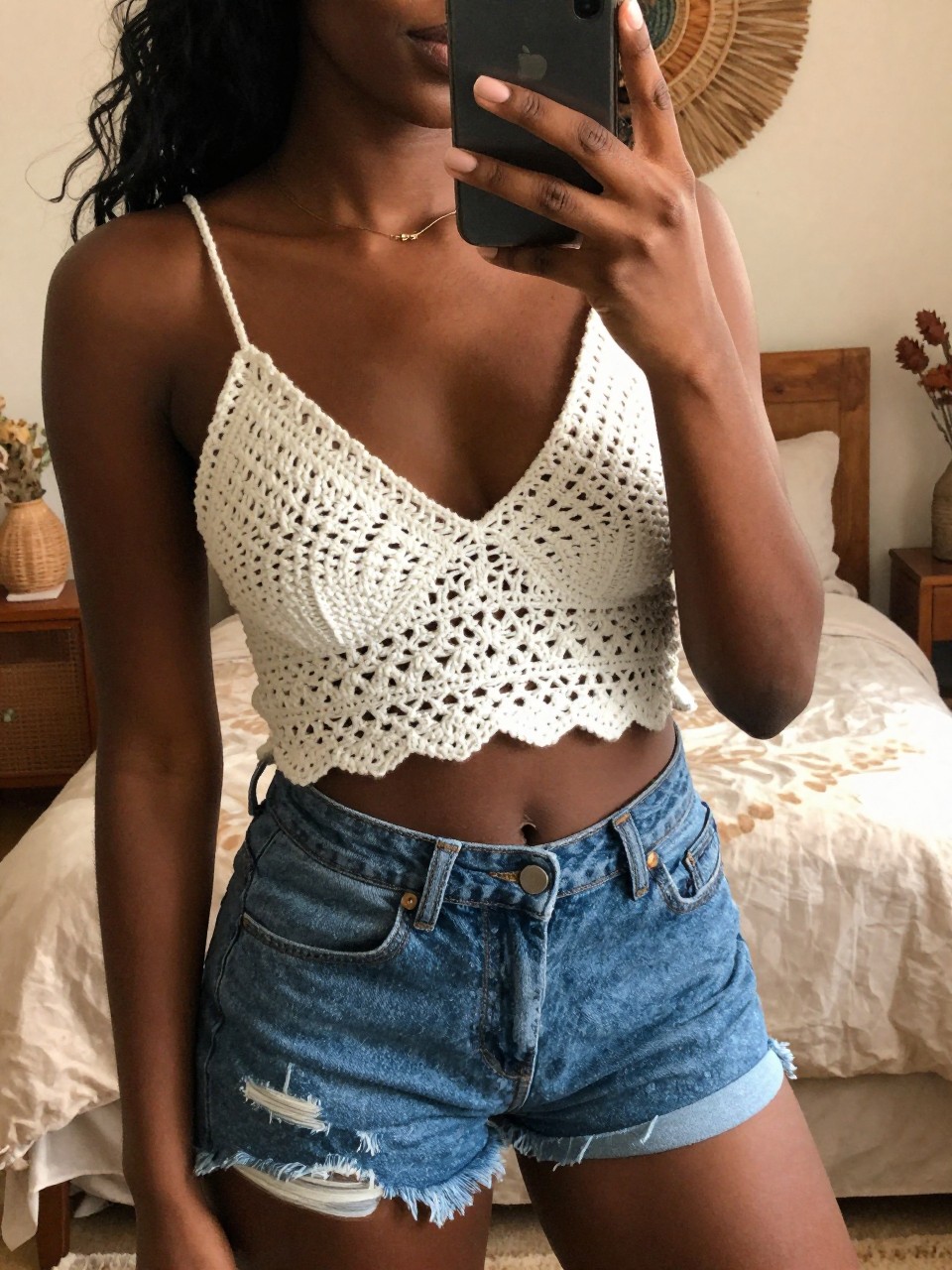 iPhone mirror selfie of a black woman in a white crochet top and denim shorts, angled slightly, cropped at NECK so face doesn't show, in a bohemian-themed bedroom with warm moody lighting, iPhone photo quality.