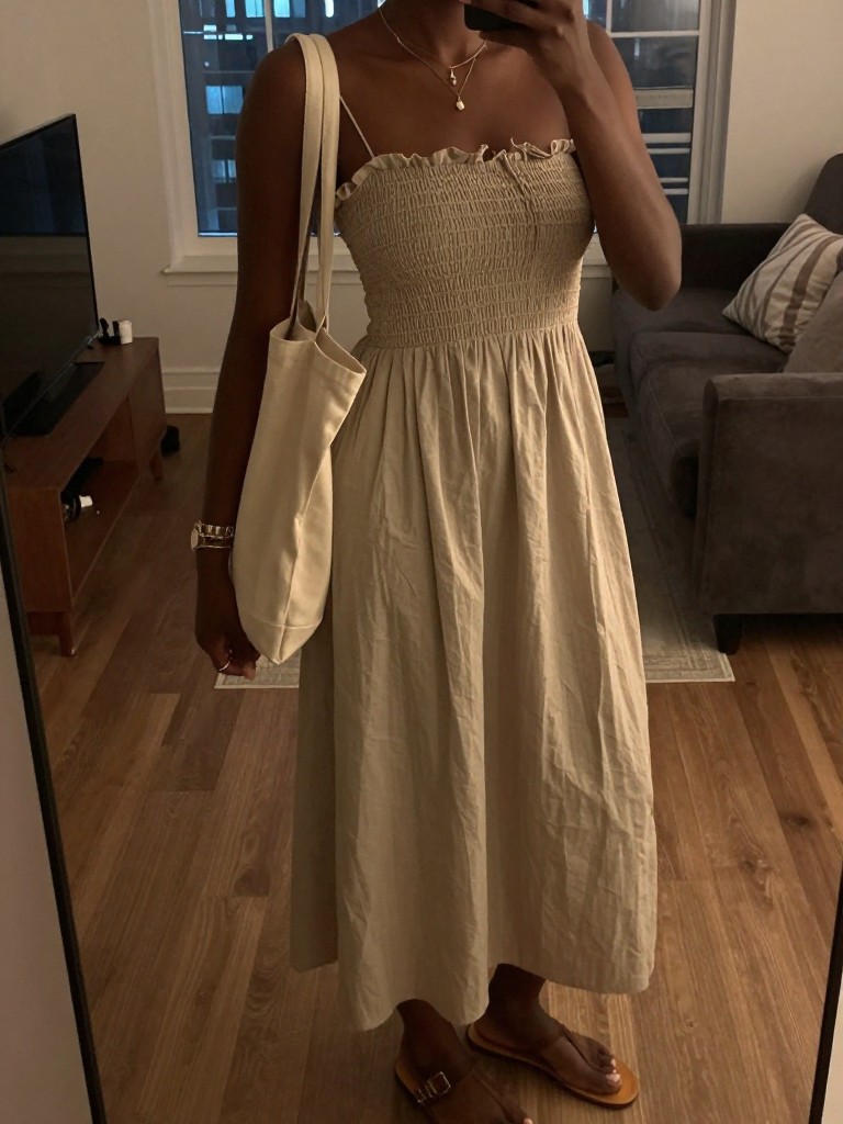 Selfie of a black woman in a smocked sundress and flat sandals, tote bag on shoulder, cropped at NECK so face doesn't show, in a city apartment, warm moody lighting, iPhone photo quality.