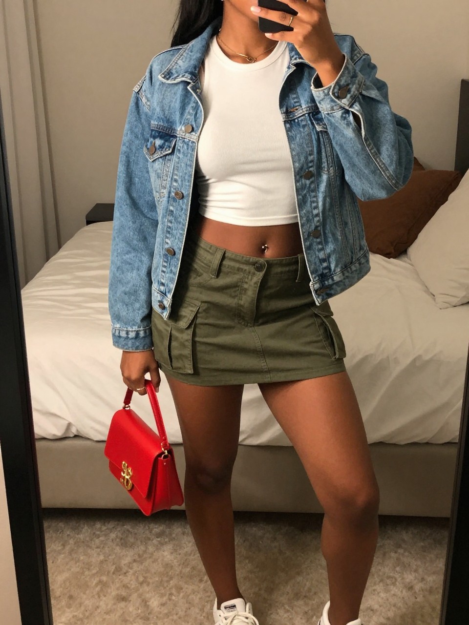 iPhone mirror selfie of a black woman wearing a white fitted crop top with an olive green cargo mini skirt, a light-wash blue denim jacket worn open, and white sneakers, holding a small red bag, standing with one hand on her hip, cropped at NECK so face doesn't show, in a feminine-themed bedroom, warm moody lighting, iPhone photo quality.