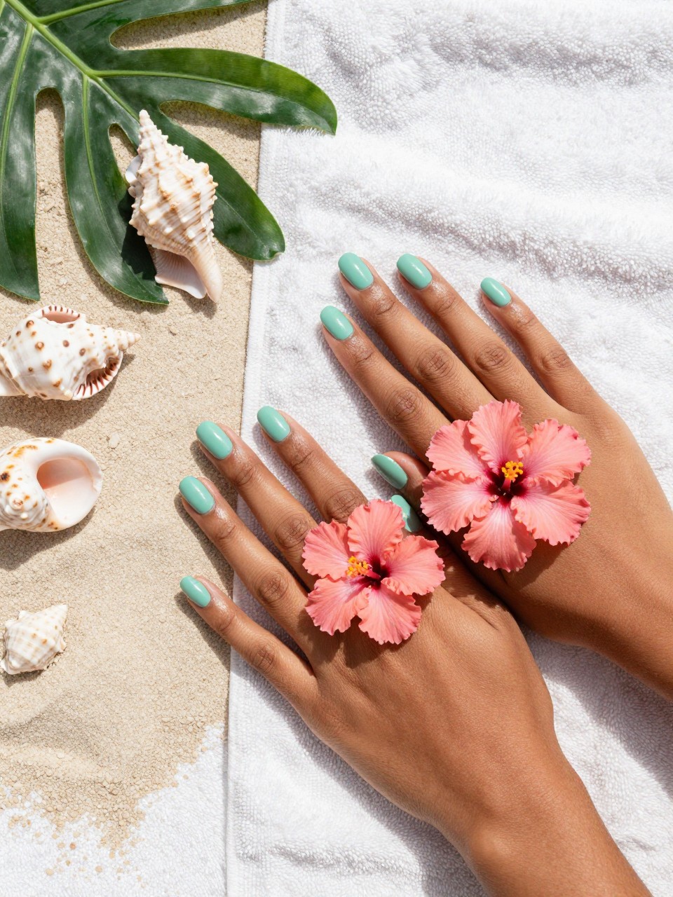 Top-down view of black feminine hands with rounded nails next to tropical seashells on a sandy towel. The nails are a matte seafoam green-blue. The ring fingers feature a couple of small coral-pink hibiscus flowers. The background is bright and sunny.