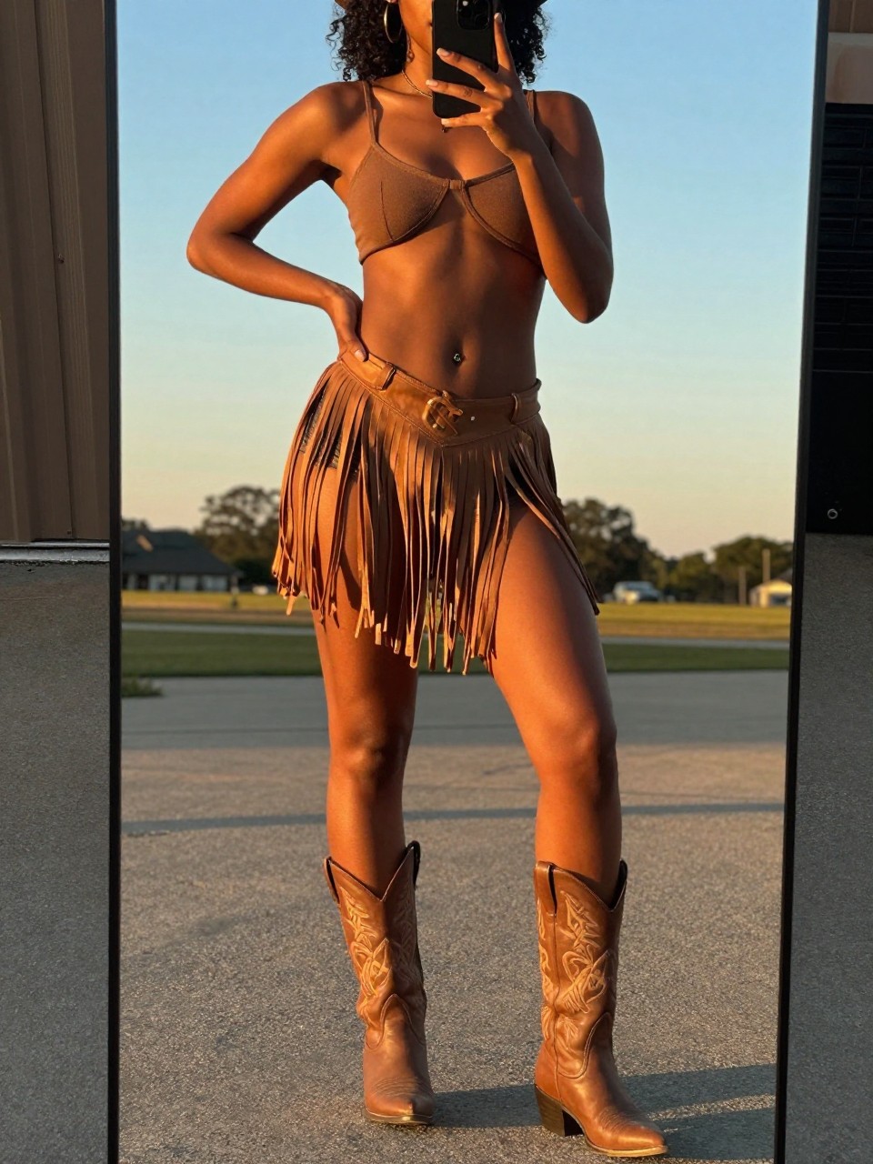 mirror selfie of a black woman in a fringe skirt and cowboy boots with a cowboy hat, hand on hip, cropped at NECK so face doesn't show, in a sunny outdoor setting during evening golden hour, iPhone photo quality.