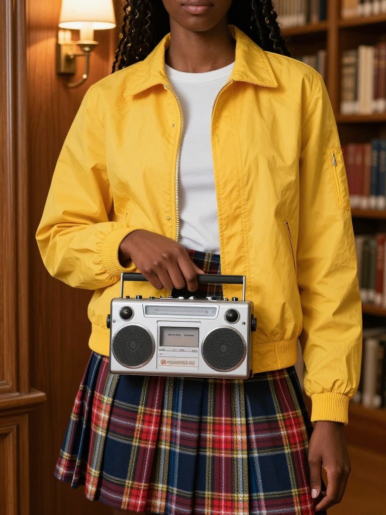 A black woman in a yellow jacket and tartan skirt, holding a walkman, cropped at neck so face doesn't show, in a library with wood panels, warm lamp light, iPhone photo quality.