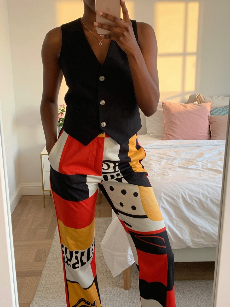 iPhone mirror selfie of a black woman wearing a black vest with bold printed pants, standing casually with one hand in her pocket, cropped at NECK so face doesn't show, in a bright feminine-themed bedroom, evening golden hour light, iPhone photo quality.