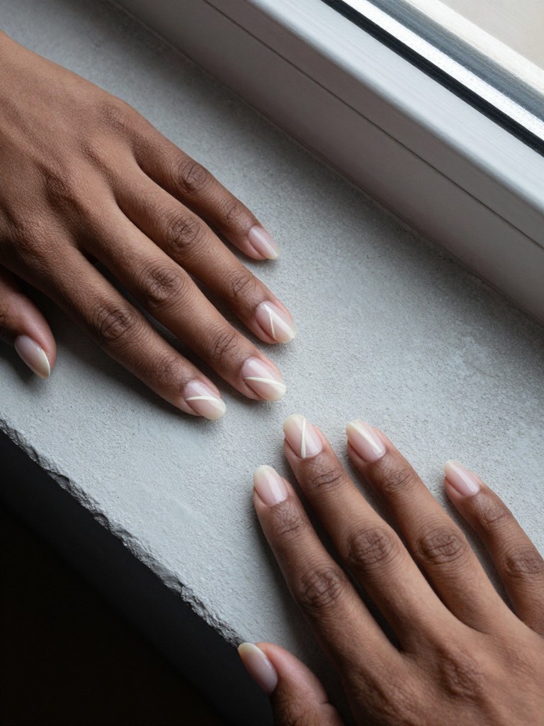 Close overhead view of black hands with very short, well-groomed natural nails resting on a grey concrete windowsill. A diagonal, opaque off-white stripe crosses each nail from one side to the other. The nails are otherwise bare and glossy from buffing. The light is cool and modern.