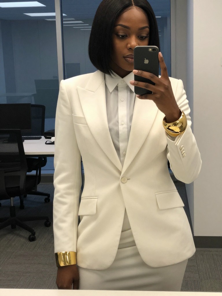 mirror selfie of a black woman in a white tuxedo shirtdress, showcasing a large gold cuff bracelet on her wrist, cropped at hips, in an office space after hours, cool fluorescent and window light mix, iPhone photo quality.