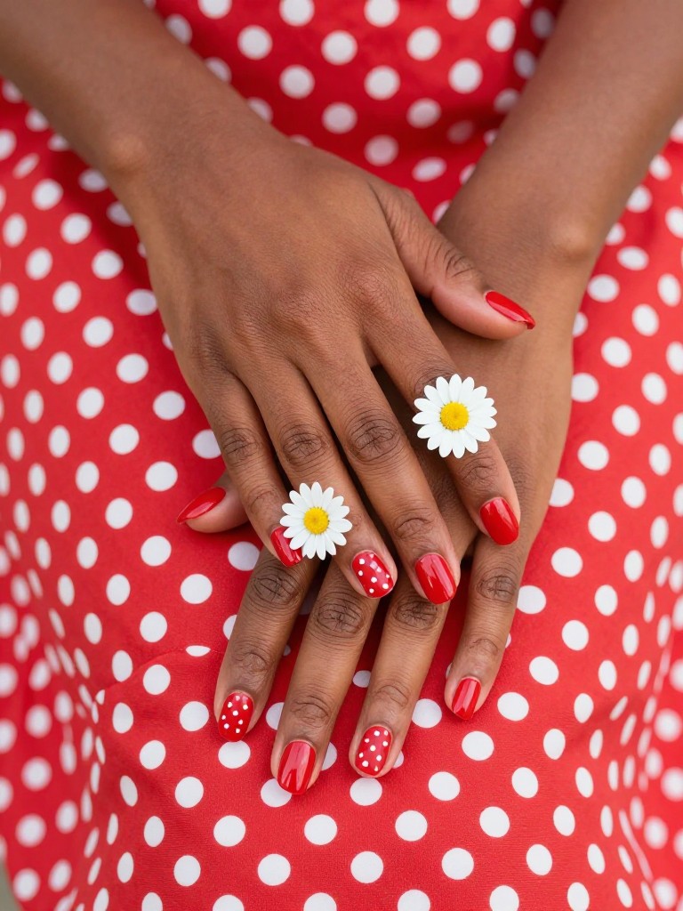 Top-down view of black female hands with short, rounded nails on a red and white polka dot dress. The nails are glossy cherry red with white polka dots. Each ring finger features a single white daisy with a yellow center. The mood is cheerful and vintage.