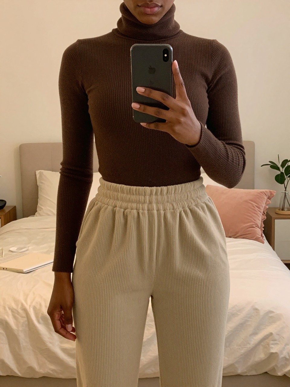 iPhone mirror selfie of a black woman in a turtleneck and corduroys with Timbs, standing straight with phone at chest level, cropped at NECK so face doesn't show, in a feminine-themed bedroom with warm moody lighting, iPhone photo quality.