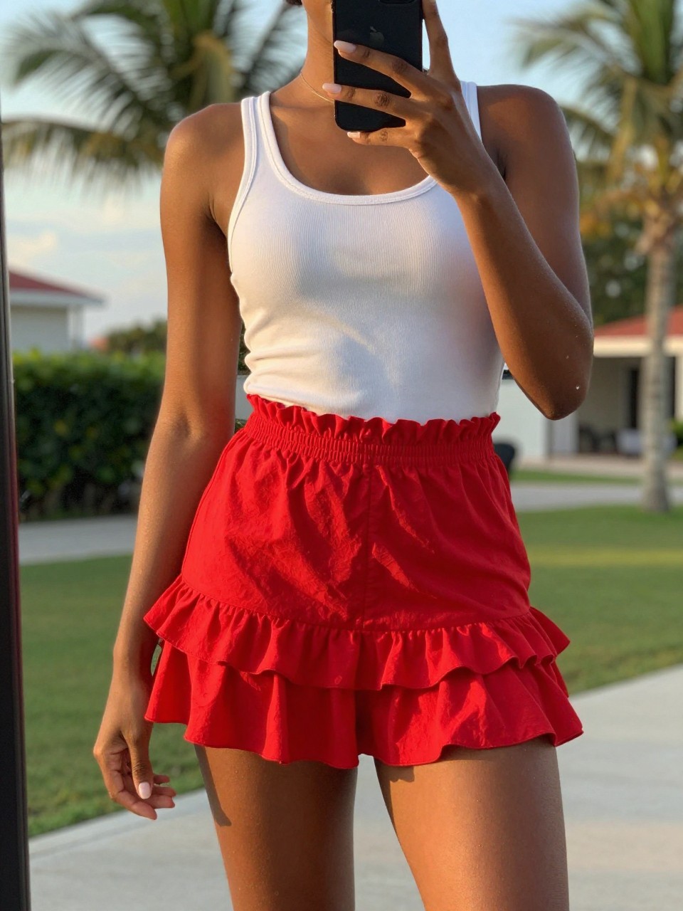 iPhone mirror selfie of a black woman in a white tank top and red ruffle skirt, phone held low to show full skirt, cropped at NECK so face doesn't show, in a tropical outdoor setting during evening golden hour, iPhone photo quality.