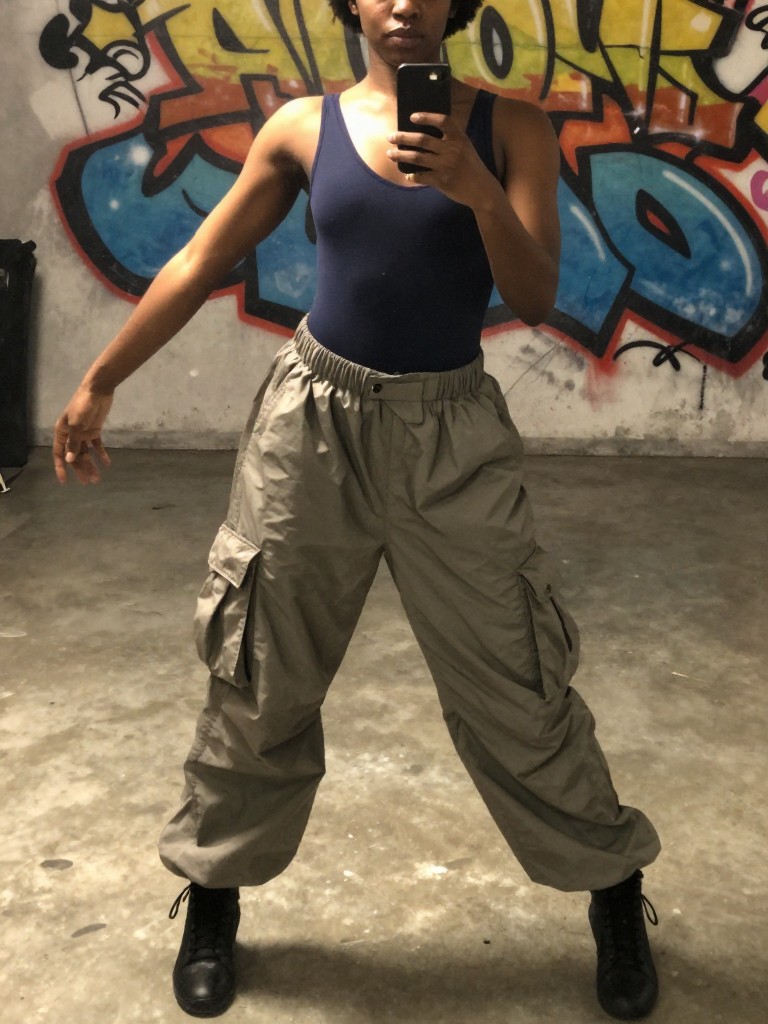 mirror selfie of a black woman in a leotard and parachute pants, mid-dance move, cropped at neck so face doesn't show, in a garage with graffiti art, flash photography effect, iPhone photo quality.