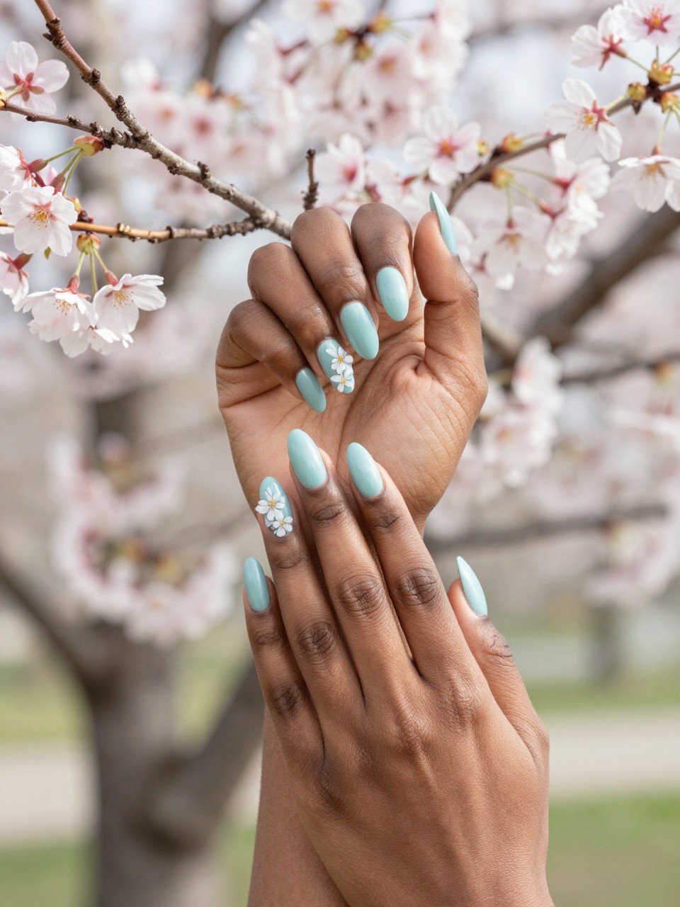 Bird's-eye view of black feminine hands with almond nails posed near a blooming cherry tree branch. The nails are a soft mint blue. Delicate cherry blossom branches with tiny pink and white flowers are painted across each nail. The light is soft and dappled.