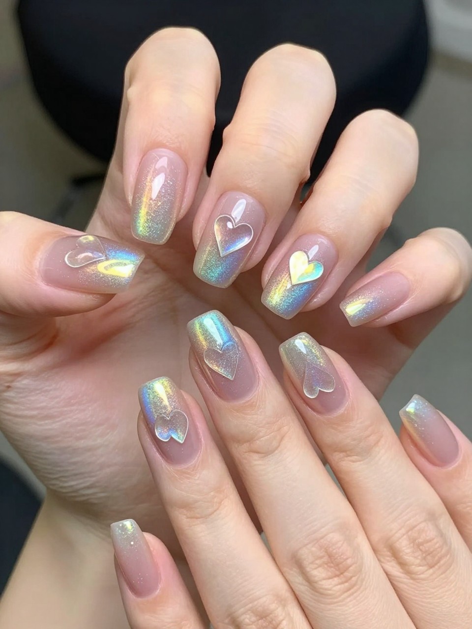 Hands moving under a light, showing color shifts. The nails are clear. Several small hearts in a rainbow chrome powder are placed on each nail. The background is blurred, keeping all focus on the mesmerizing color play of the hearts.