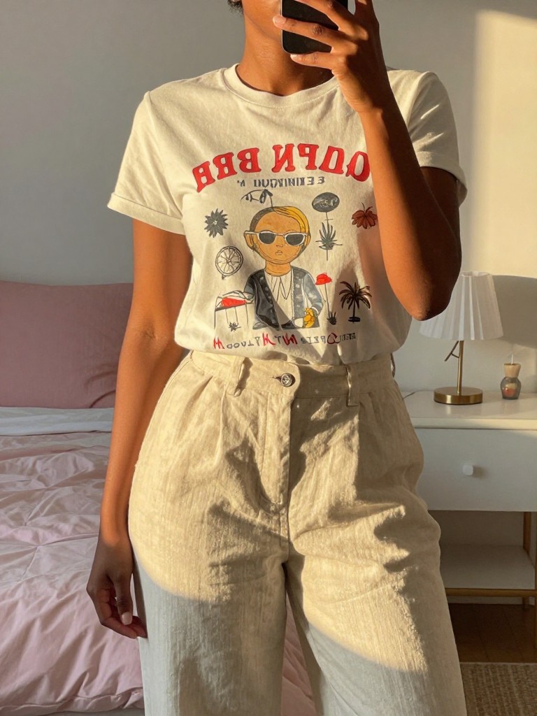mirror selfie of a black woman in a graphic tee and linen pants, putting on sunglasses, cropped at NECK so face doesn't show, in a feminine-themed bedroom, evening golden hour, iPhone photo quality.