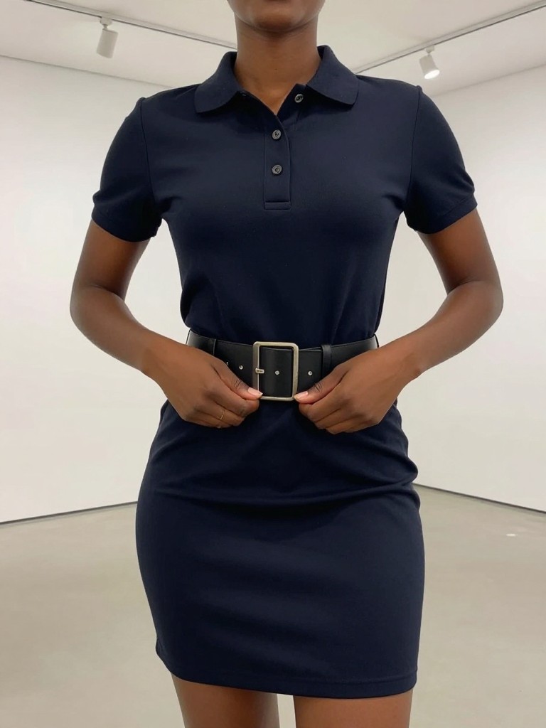 A black woman in a polo neck dress and wide belt, smoothing down her dress, cropped at neck so face doesn't show, in a minimalist gallery space, bright track lighting, iPhone photo quality.