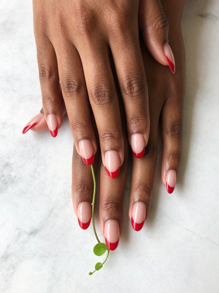 Close-up, top-down view of black female hands with long, natural almond nails on a marble surface. The nails have a classic red French tip. A single, thin green vine with three small leaves trails from the tip down the nail. The look is clean and fresh.