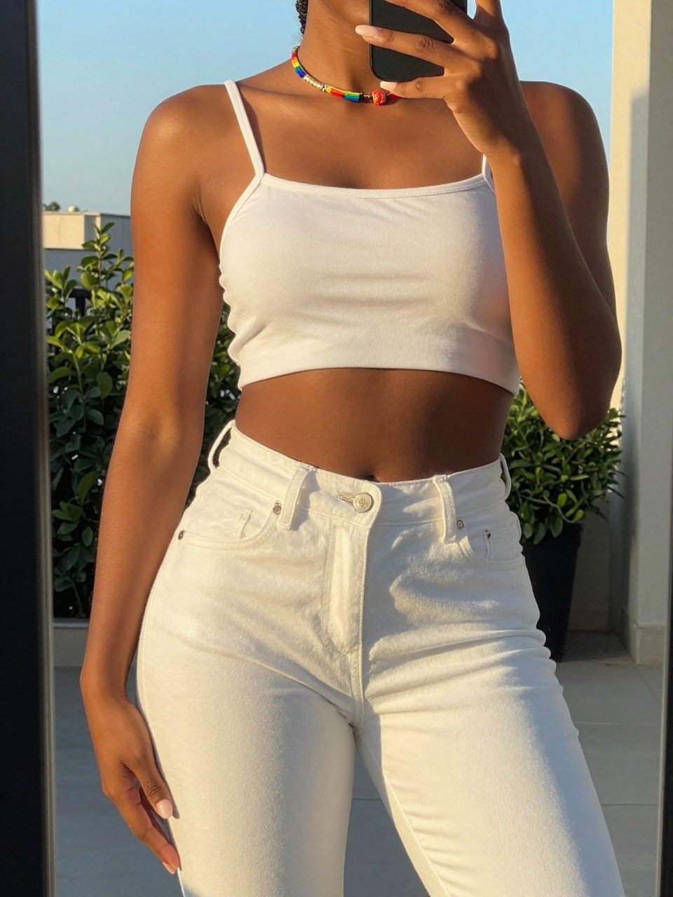 mirror selfie of a black woman in a white outfit with rainbow accessories, one hand slightly on hip, cropped at NECK so face doesn't show, in a sunny outdoor setting during evening golden hour, iPhone photo quality.