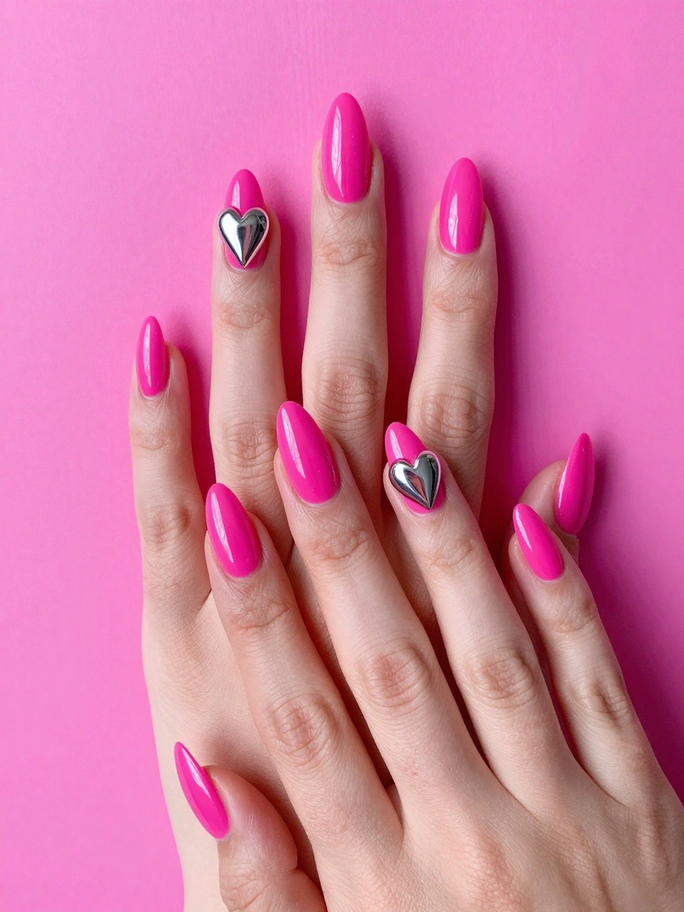 Bird's-eye view of hands with medium almond nails, fingers splayed against a neon pink background. The nails are glossy hot pink with a dramatic, sharp chrome heart forming the tip of each nail. The lighting is bright and colorful, emphasizing the stark contrast.