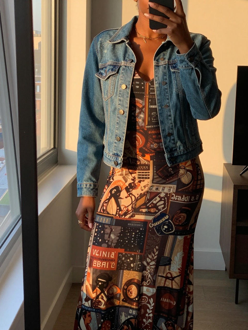 mirror selfie of a black woman in a jean jacket and printed maxi dress, angled slightly, cropped at NECK so face doesn't show, in a city apartment during evening golden hour, iPhone photo quality.