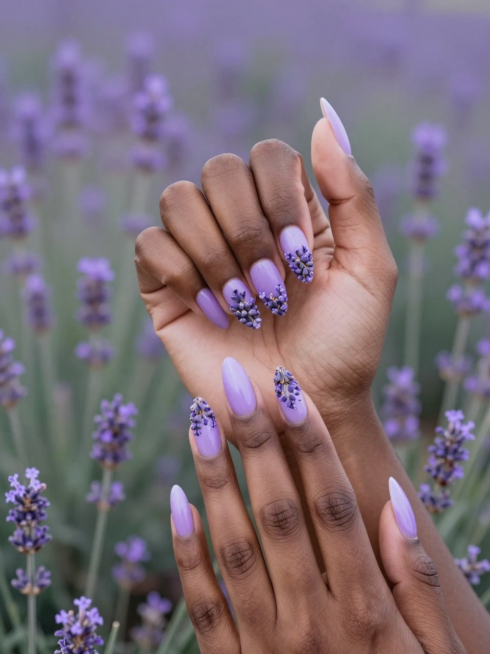 Overhead shot of black feminine hands with long, oval nails against a blurred background of a lavender field. The nails show a lavender ombré covered in hundreds of hand-painted micro lavender sprigs. The mood is dreamy, peaceful, and utterly romantic.
