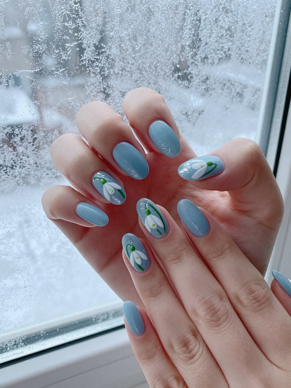 Overhead view of hands with oval nails against a frost-kissed windowpane. The nails are a frosty light blue. Single white snowdrop flowers with green stems are painted on each nail, with a dusting of silver glitter on the petals. The light is cool and clear.